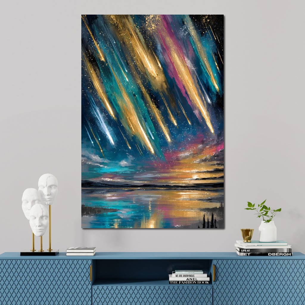 Golden Meteors Over Silent Lake Canvas Wall Art