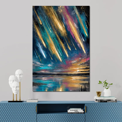 Golden Meteors Over Silent Lake Canvas Wall Art