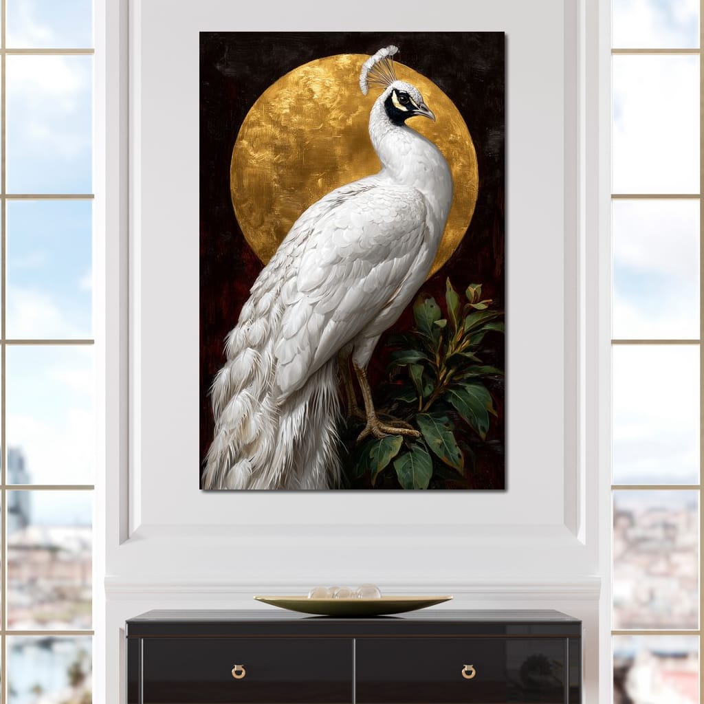 Golden Halo White Peacock Pose Canvas Wall Art