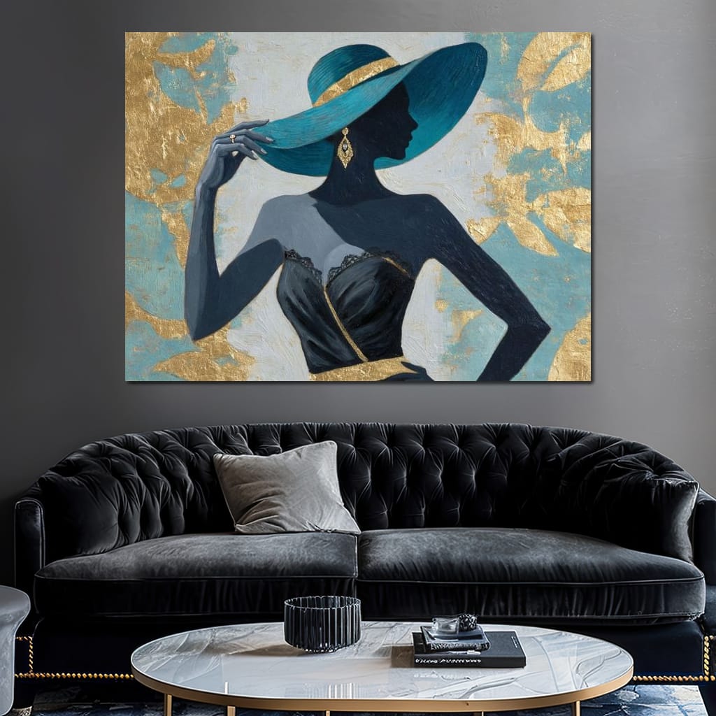 Golden Teal Elegance Lady Canvas Wall Art