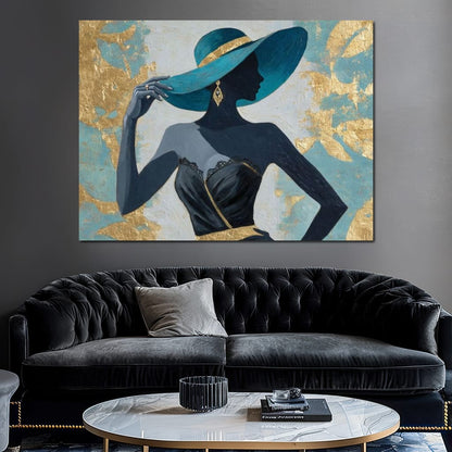 Golden Teal Elegance Lady Canvas Wall Art