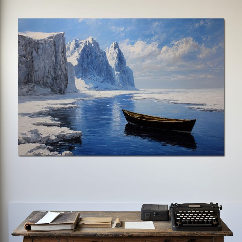 Silent Boat on Frozen Fjord Canvas Wall Art