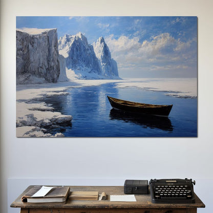 Silent Boat on Frozen Fjord Canvas Wall Art