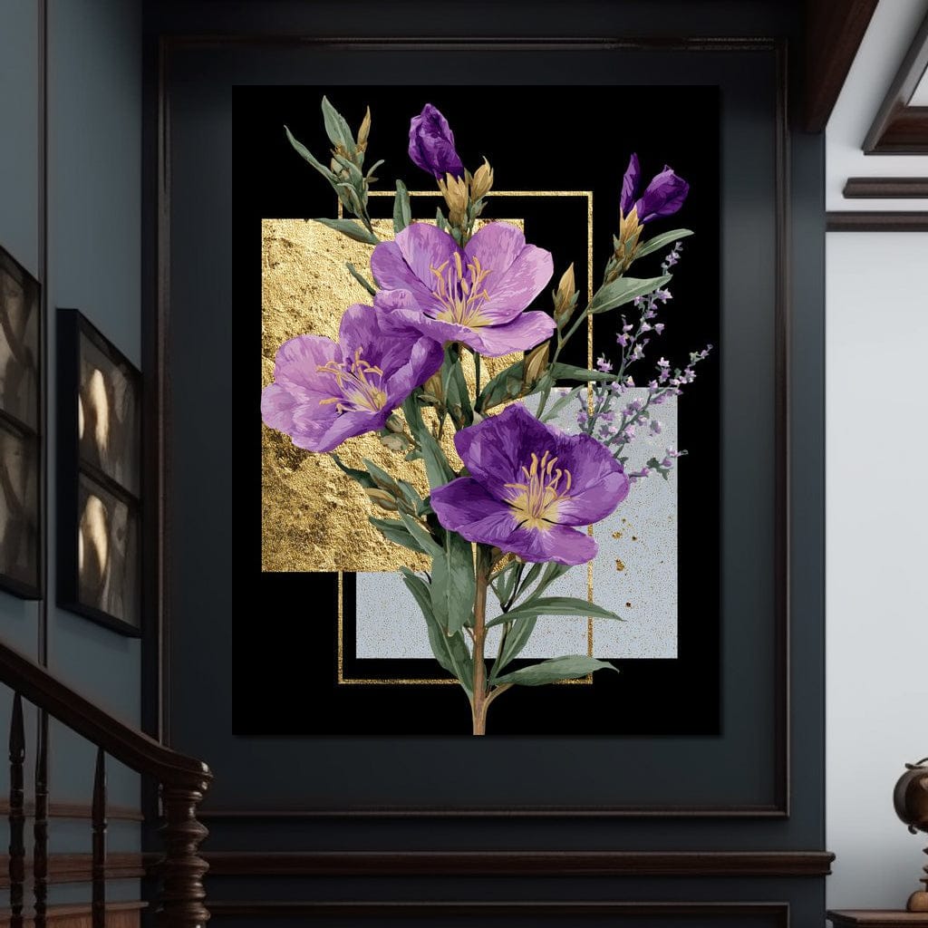 Golden Frame Violet Blossoms Canvas Wall Art