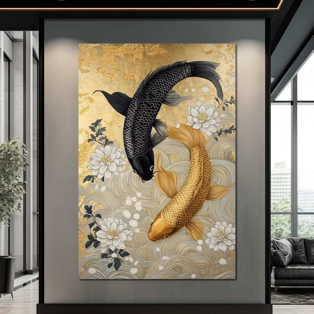 Koi Harmony with White Blossoms Canvas Wall Art