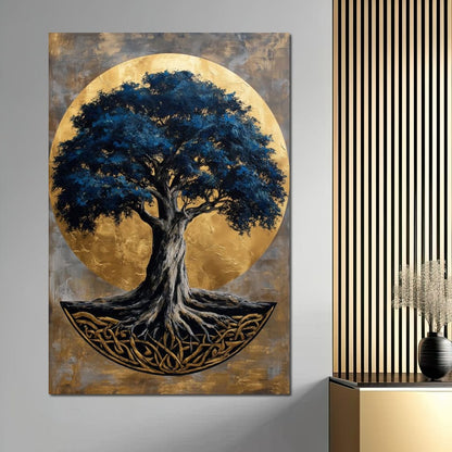 Golden Halo Blue Tree of Life Canvas Wall Art