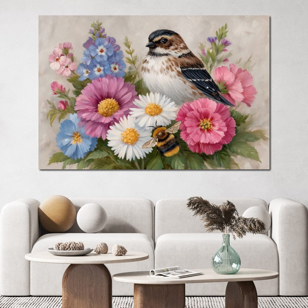 Garden Sparrow and Bumblebee Canvas Wall Art