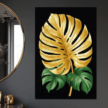 Golden Monstera Leaf Elegance Canvas Wall Art