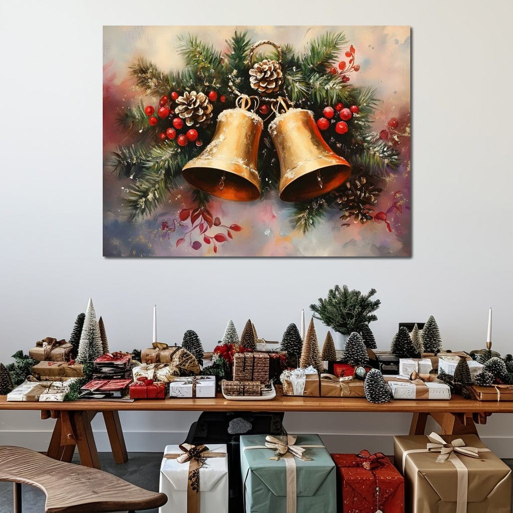 Golden Christmas Bells Garland Canvas Wall Art