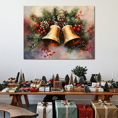 Golden Christmas Bells Garland Canvas Wall Art