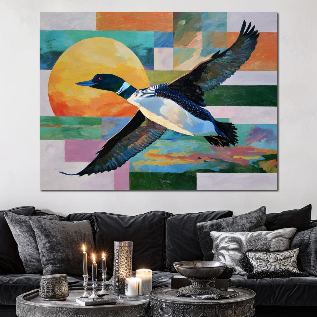 Flying Loon Over Golden Sun Canvas Wall Art