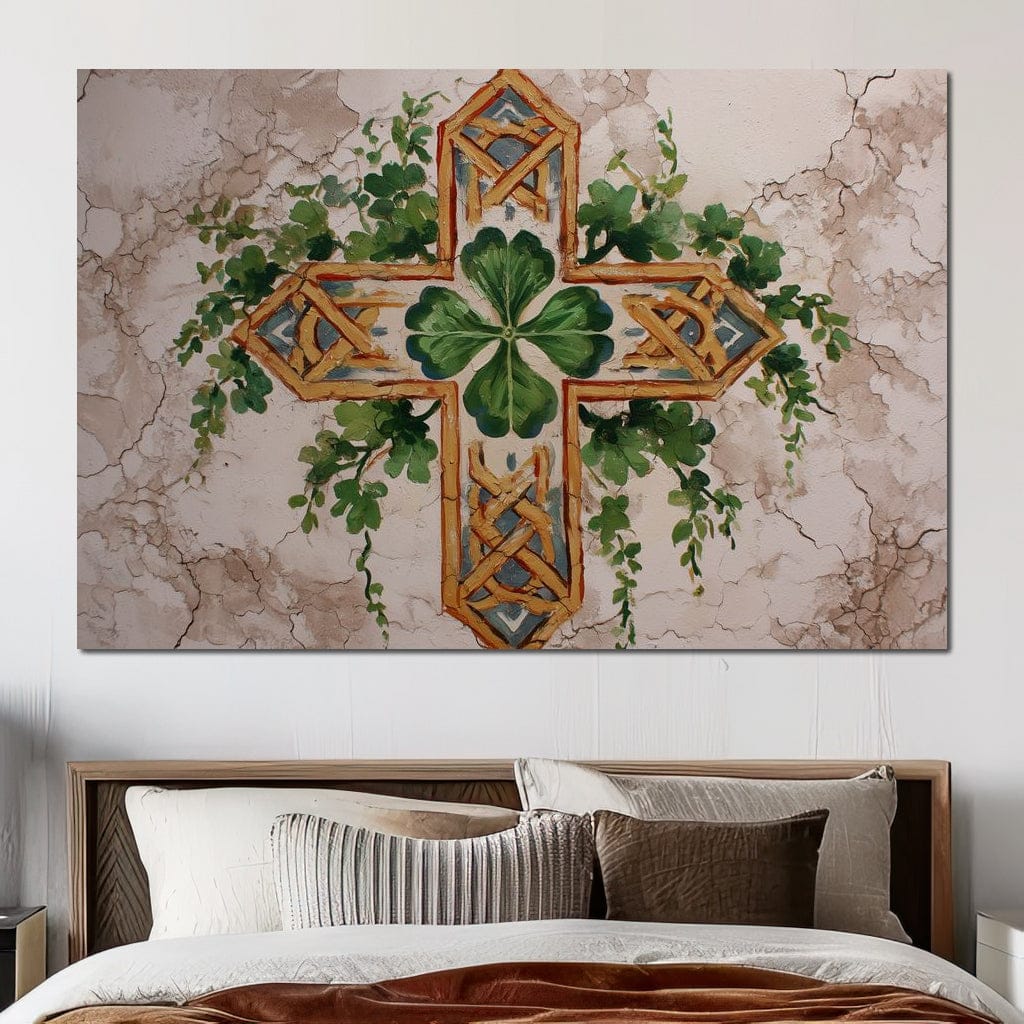 Celtic Cross Clover Wreath Canvas Wall Art