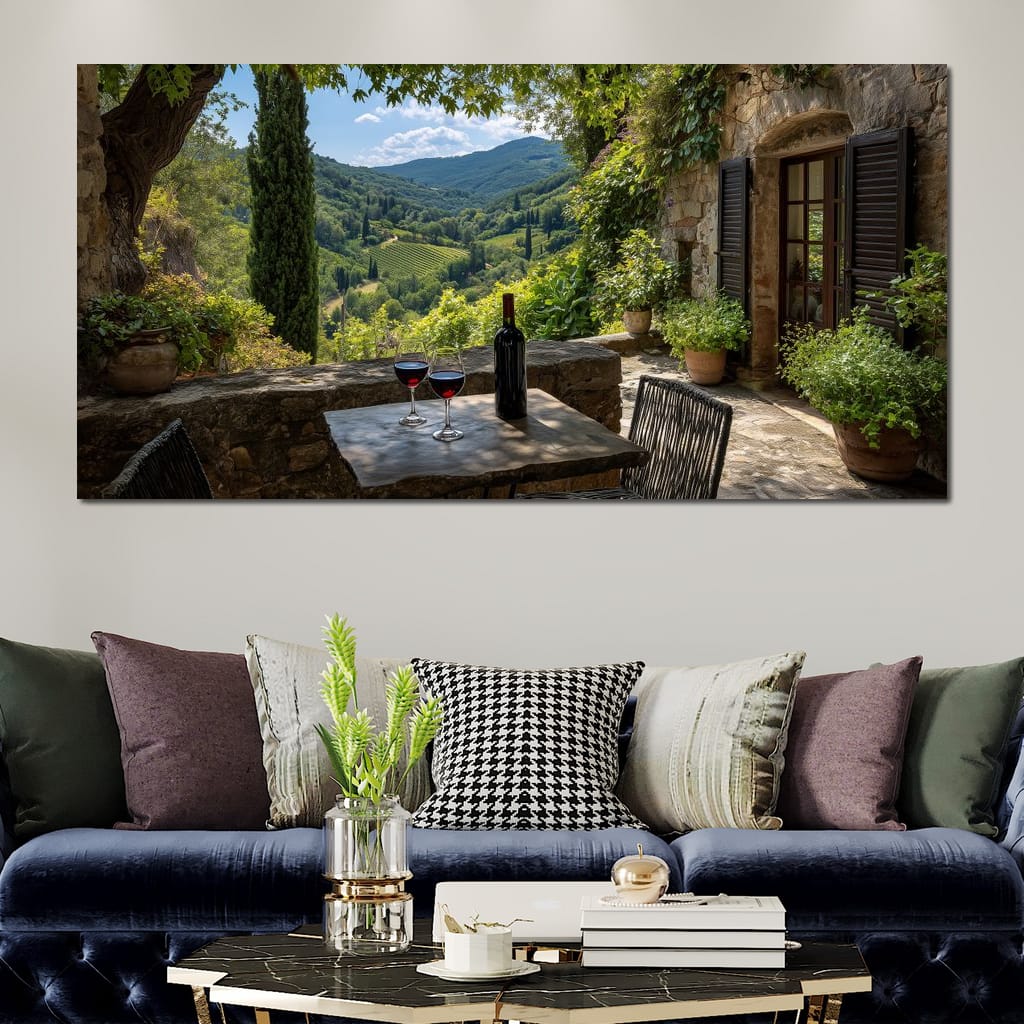 Sunlit Tuscan Vineyard Terrace Canvas Wall Art