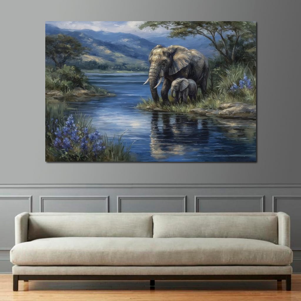 Elephant Family Riverbank Dream Canvas Wall Art
