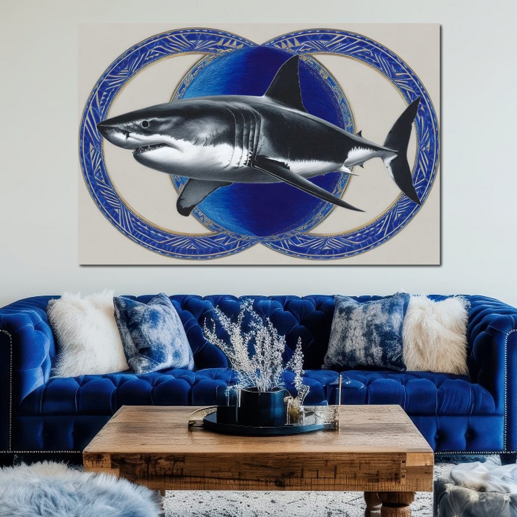 Great White Shark Emblem Blue Canvas Wall Art