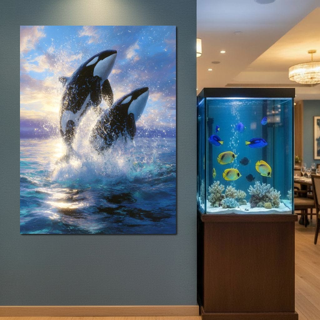 Breaching Orcas Dawn Ocean Dance Canvas Wall Art