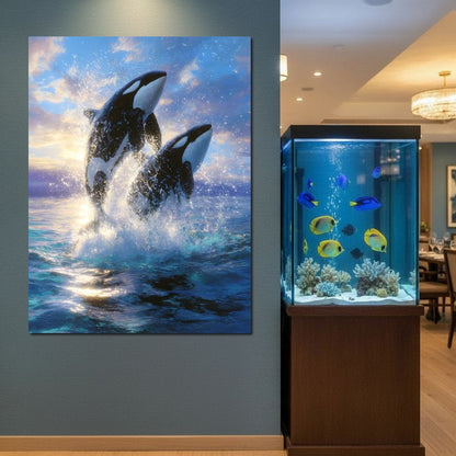 Breaching Orcas Dawn Ocean Dance Canvas Wall Art