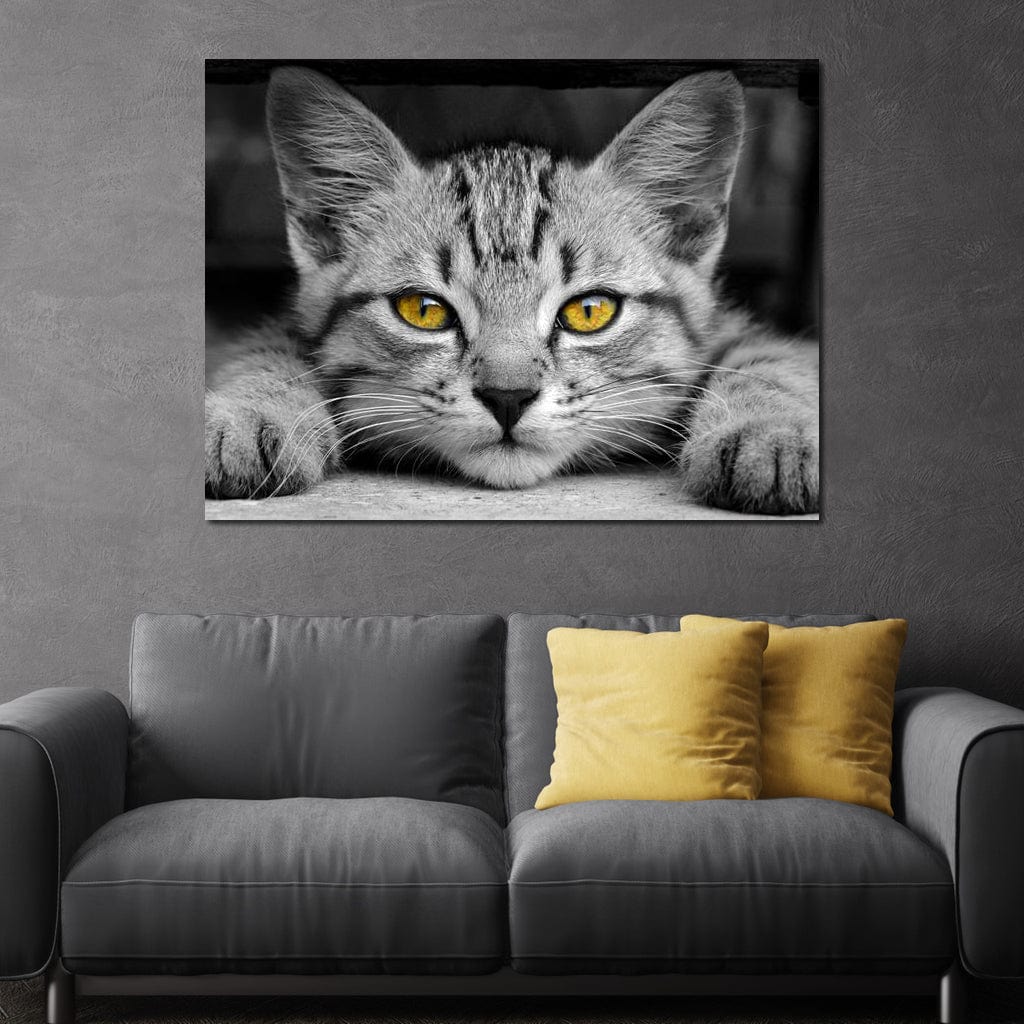 Black & White Cat with Yellow Eyes Canvas Wall Art
