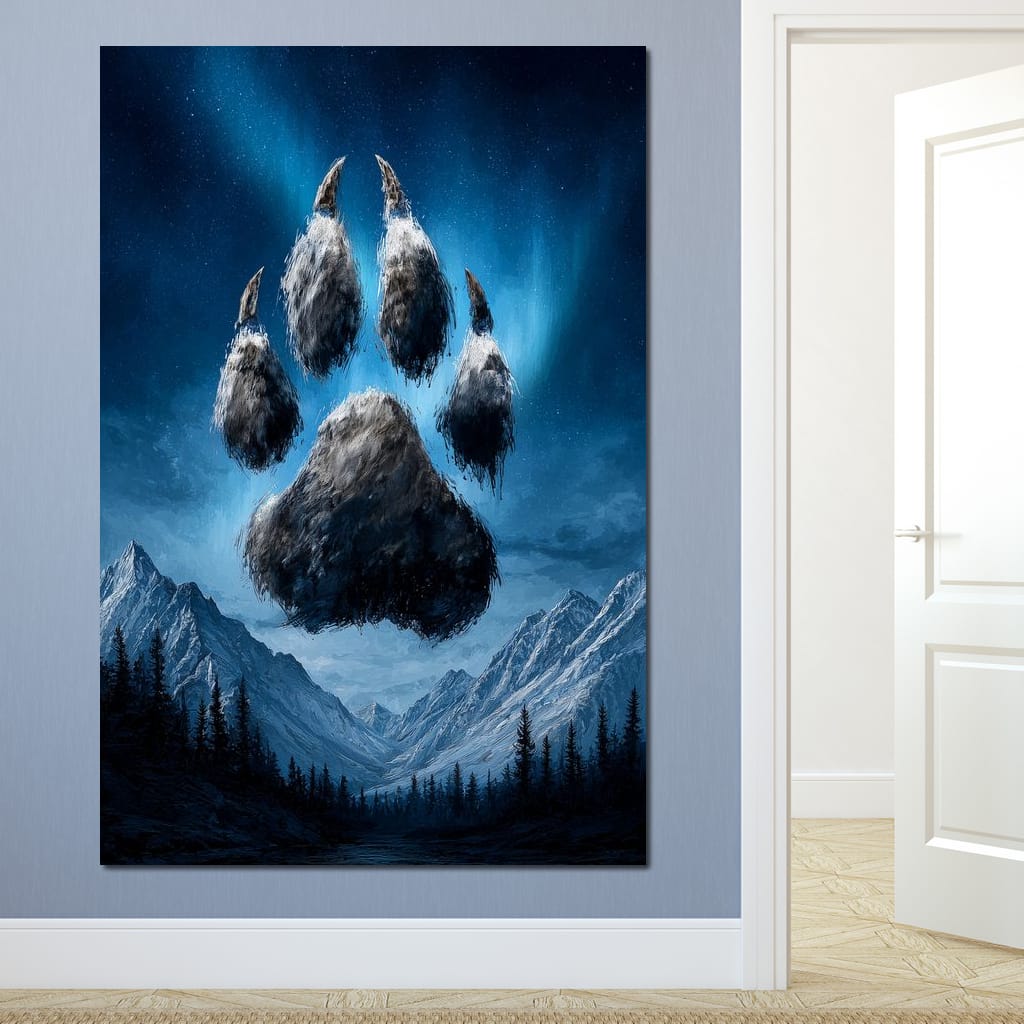 Celestial Wolf Paw Over Peaks Canvas Wall Art