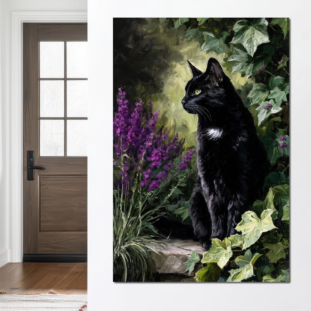 Black Cat Garden Sentinel Canvas Wall Art