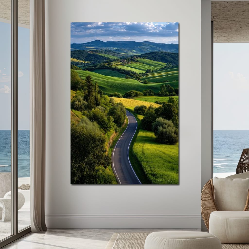 Sunlit Valley Roadscape Canvas Wall Art
