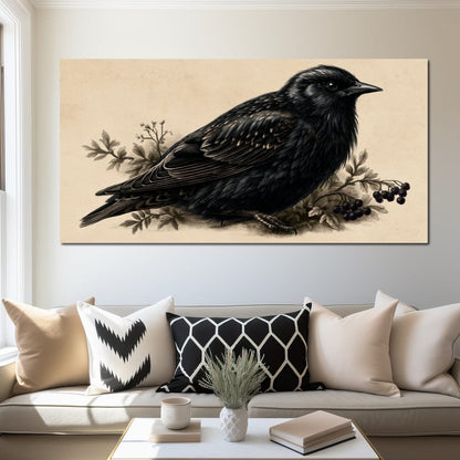 Solitary Starling Perched Upon Wild Berries Canvas Wall Art