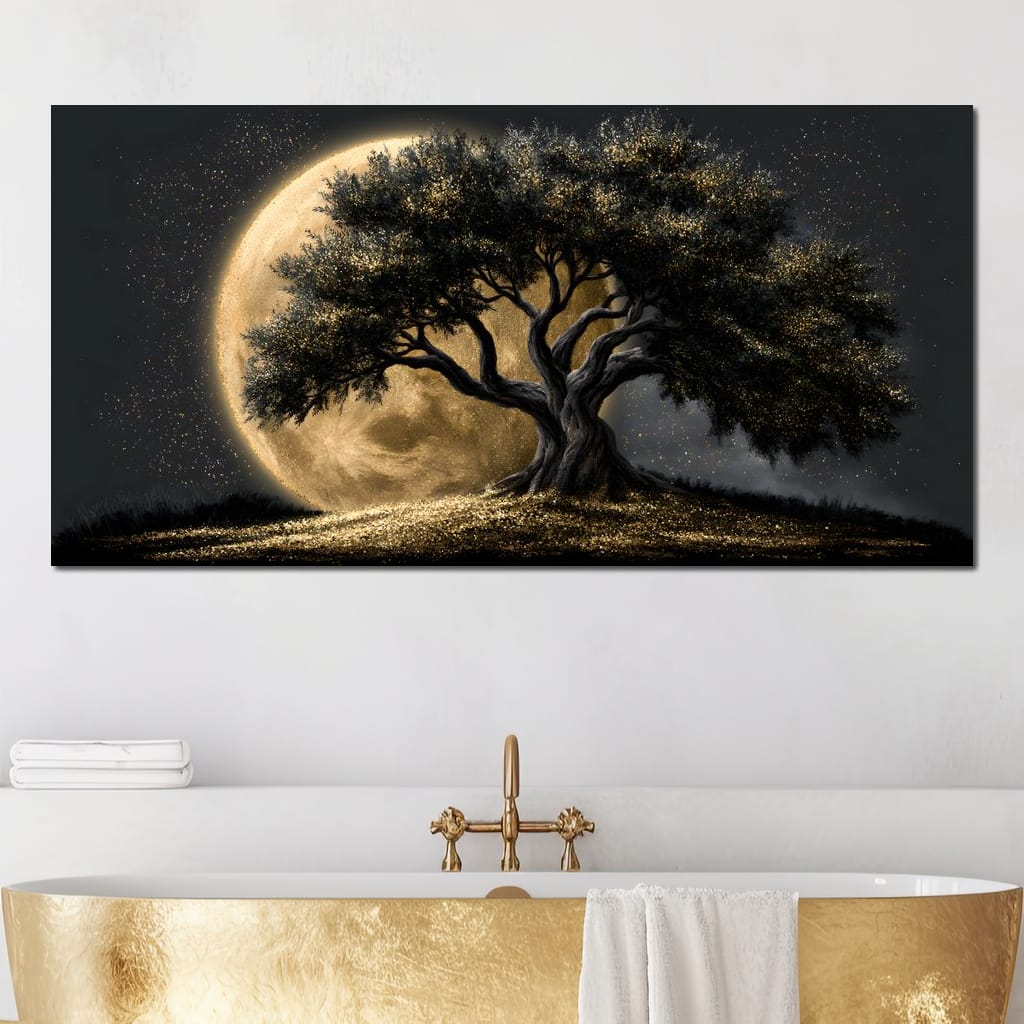 Gilded Roots Beneath A Radiant Moon Canvas Wall Art