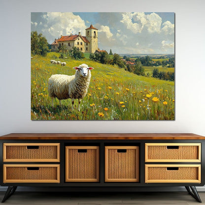 Meadow Sheep by the Countryside Canvas Wall Art