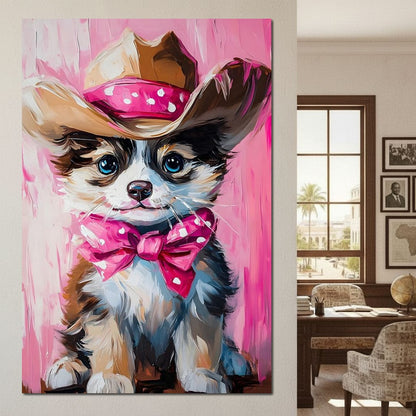Cute Cowboy Puppy Pink Bow Charm Canvas Wall Art