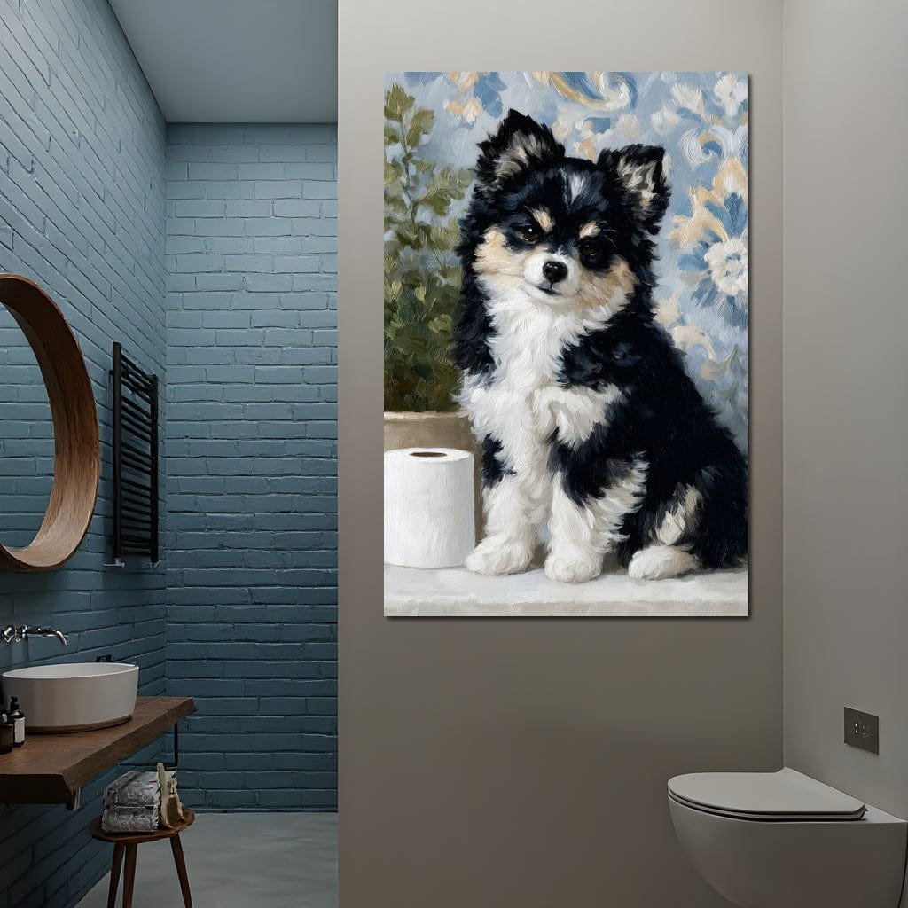 Playful Puppy Bathroom Guard Canvas Wall Art