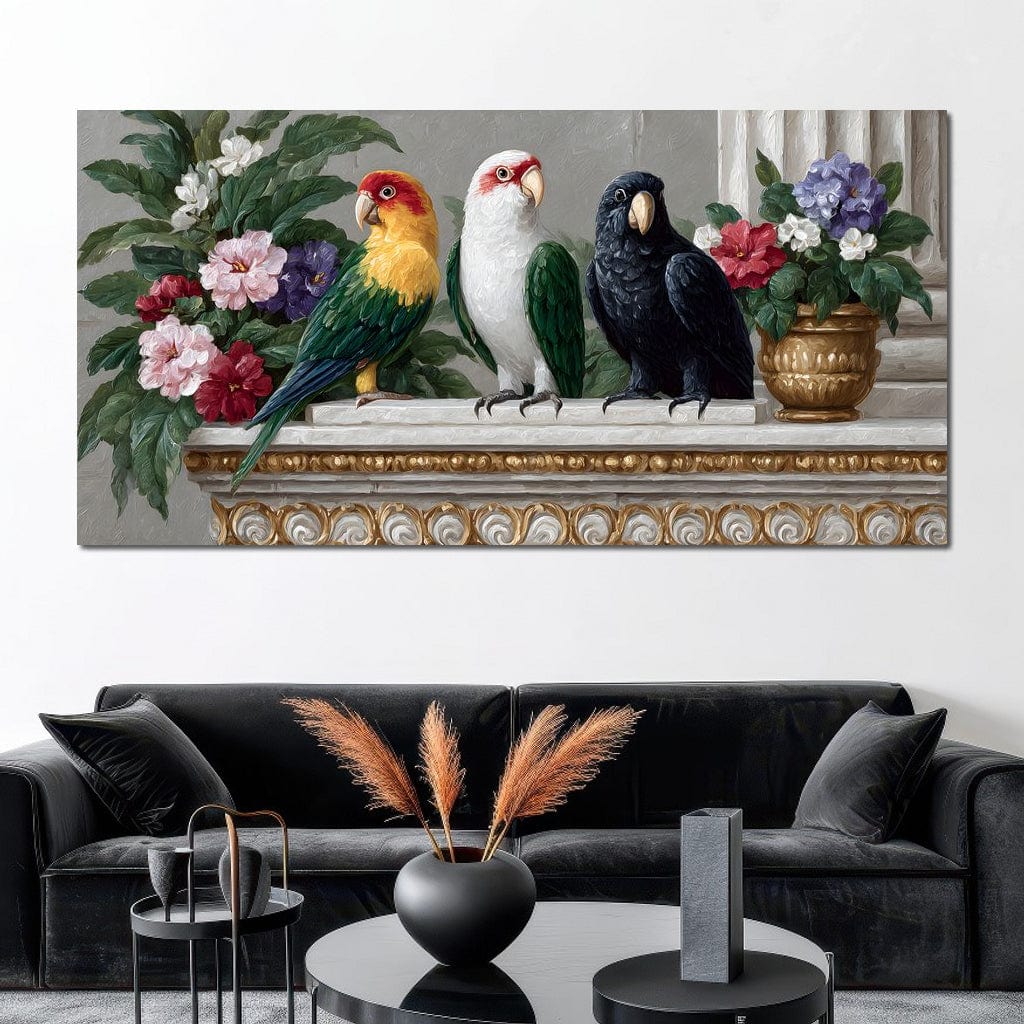 Parrot Trio On Florid Ledge Canvas Wall Art