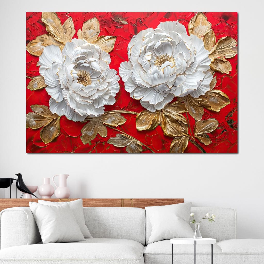 Golden Petals on Ruby Waves Canvas Wall Art