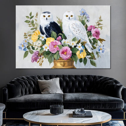 Snowy Owls Floral Canvas Wall Art