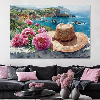 Seaside Blooms and Straw Hat Canvas Wall Art