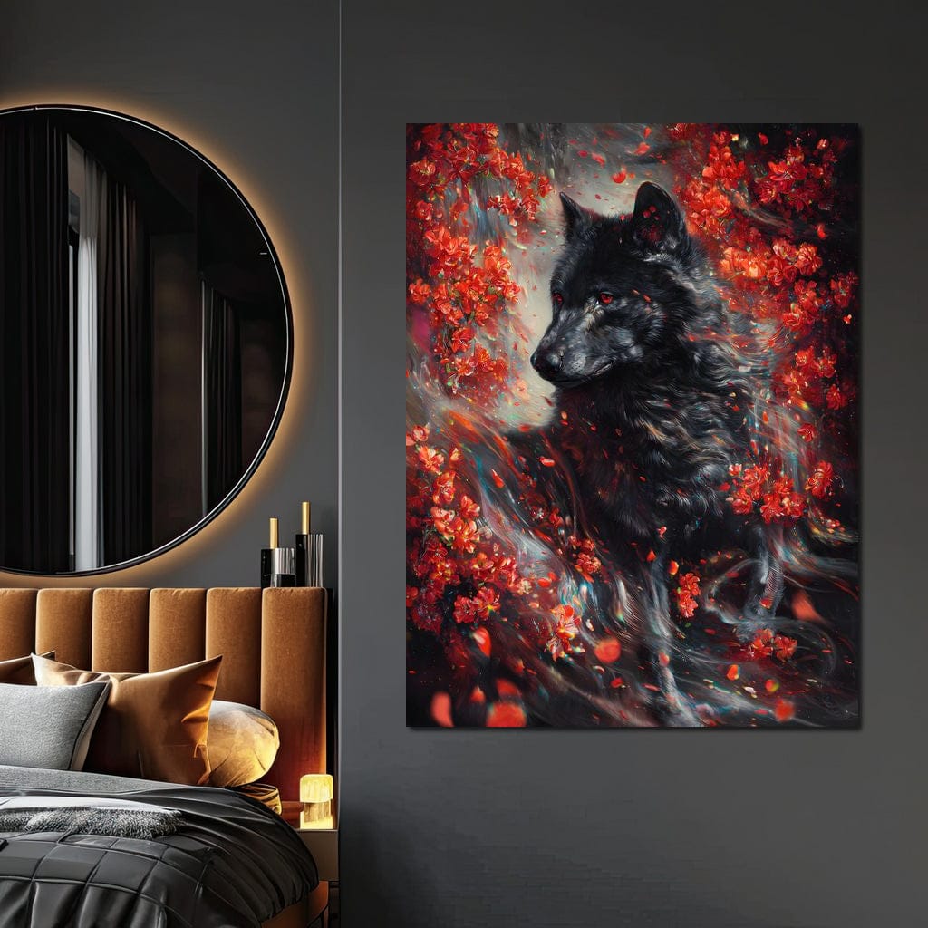 Black Wolf Rose Petal Storm Canvas Wall Art