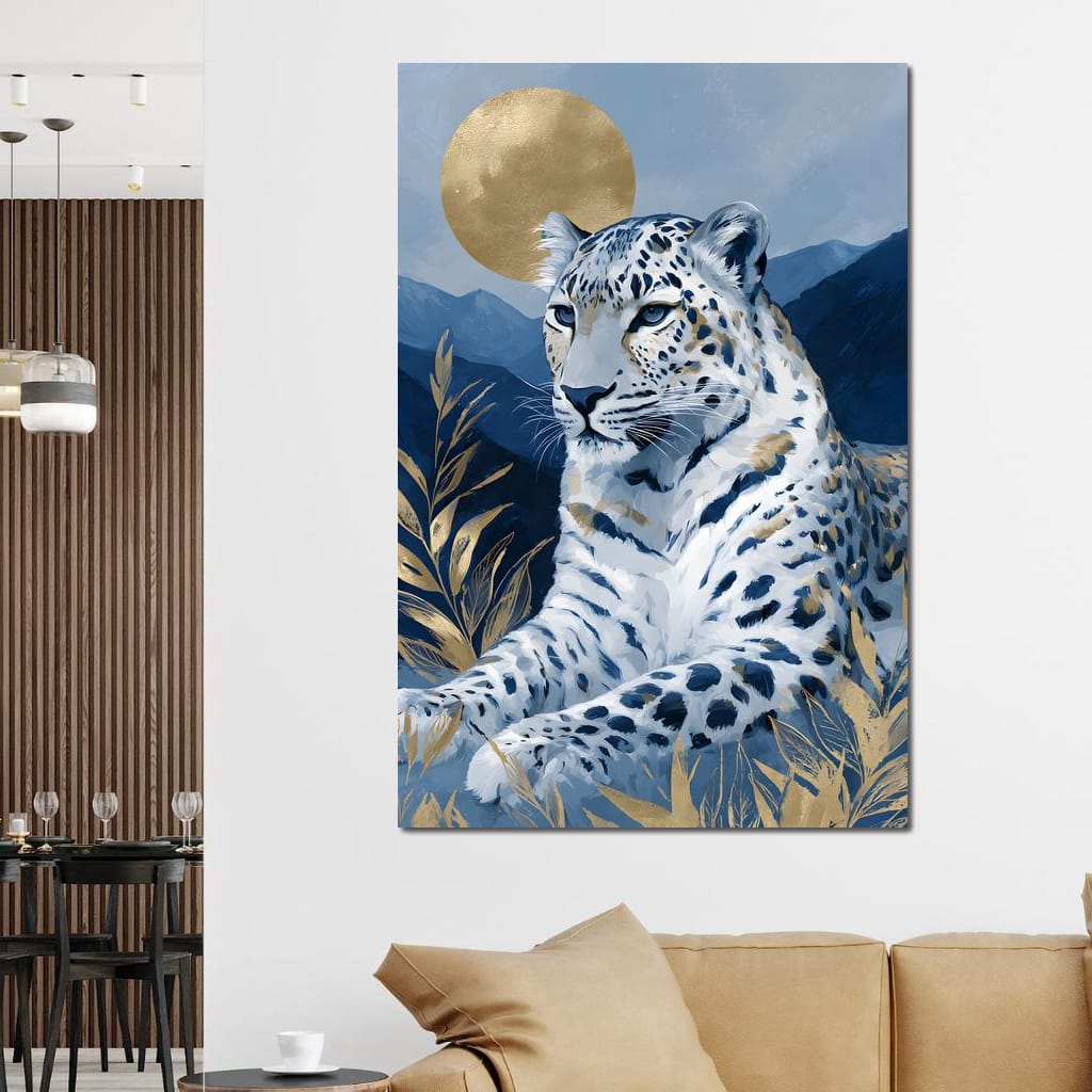 Golden Moon Snow Leopard Calm Canvas Wall Art