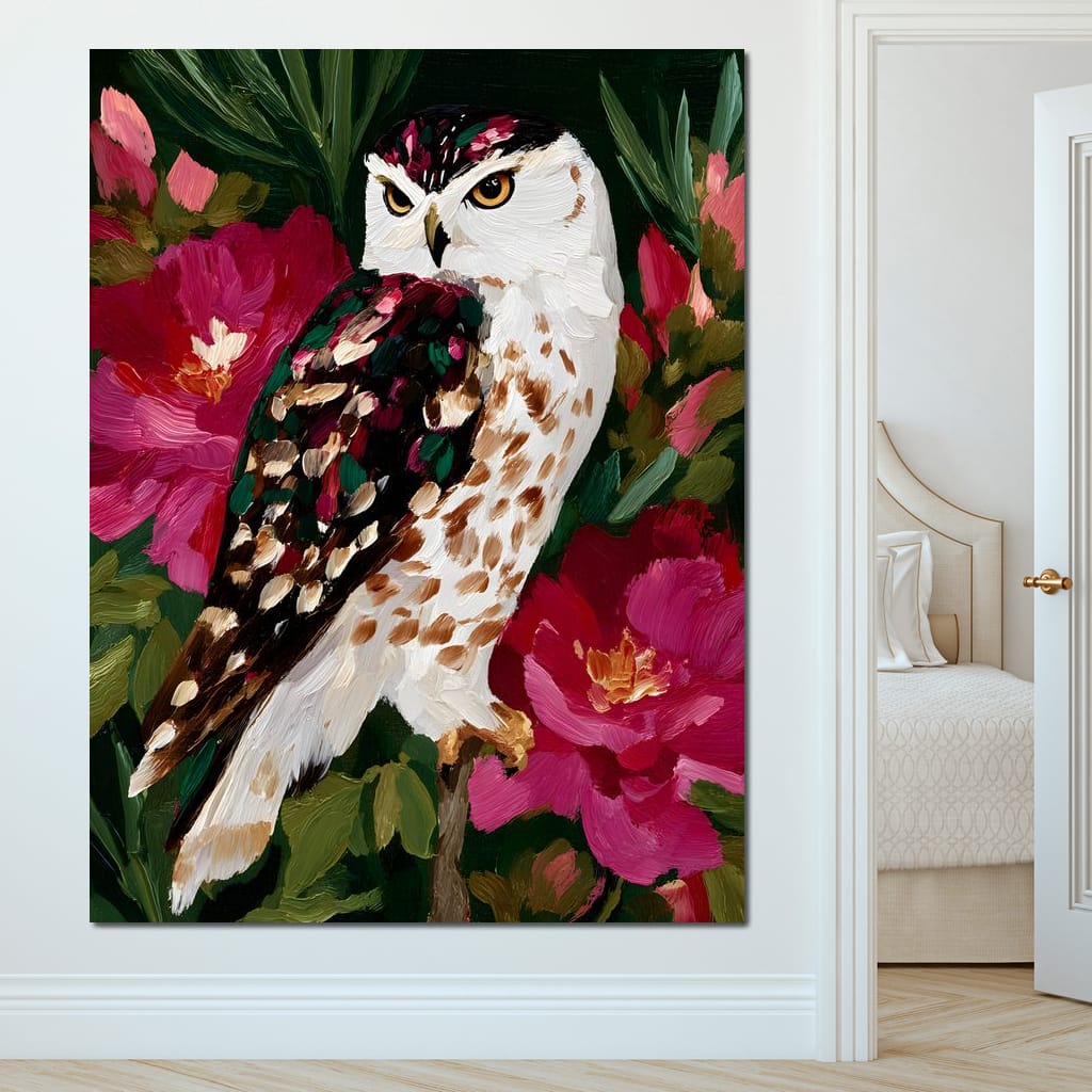 Owl Garden Bloom Portrait Canvas Wall Art