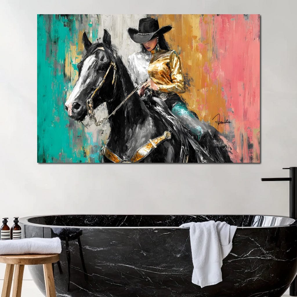 Golden Rider on Midnight Steed Canvas Wall Art