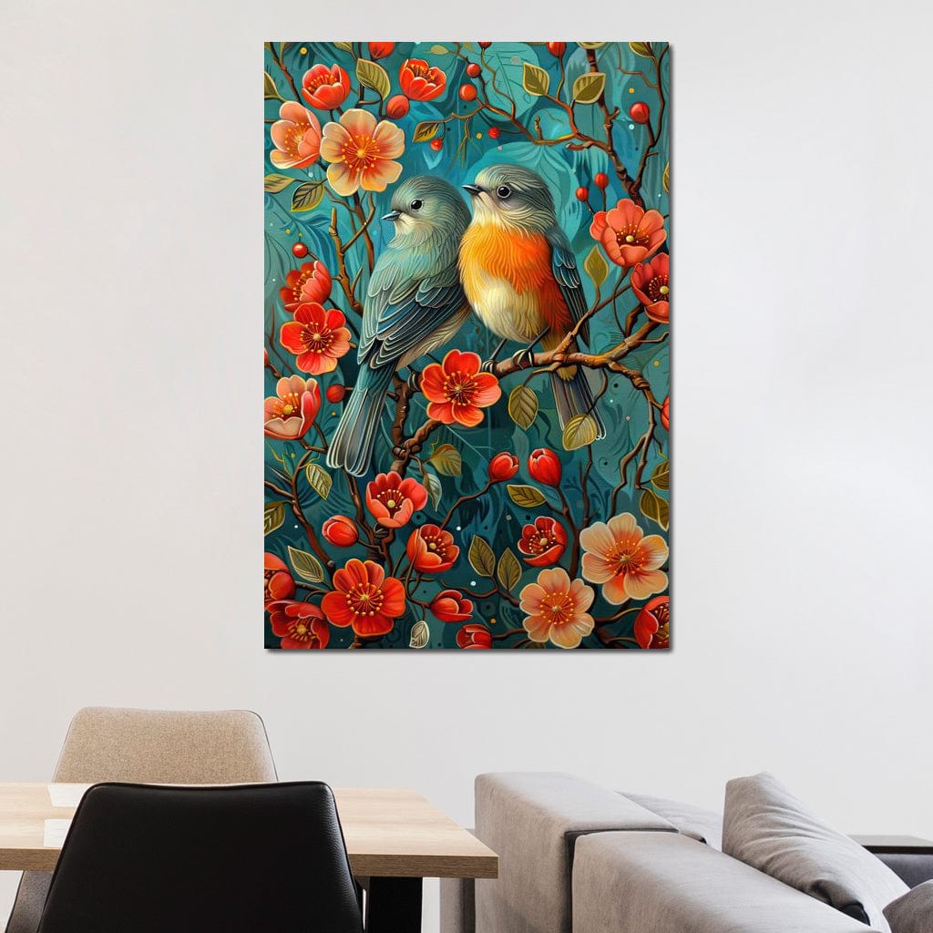 Songbirds Perched in Blooms Canvas Wall Art