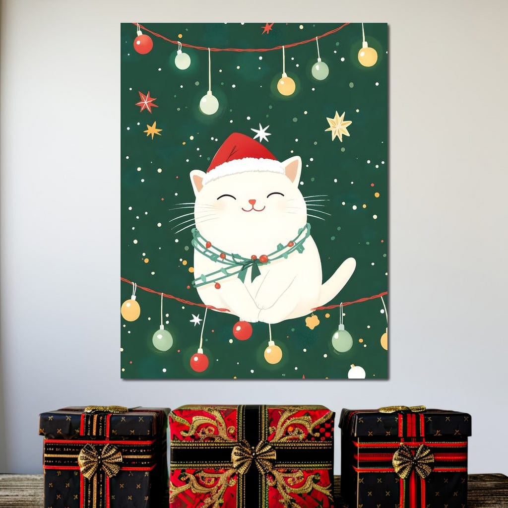 Jolly Santa Kitty Holiday Lights Canvas Wall Art