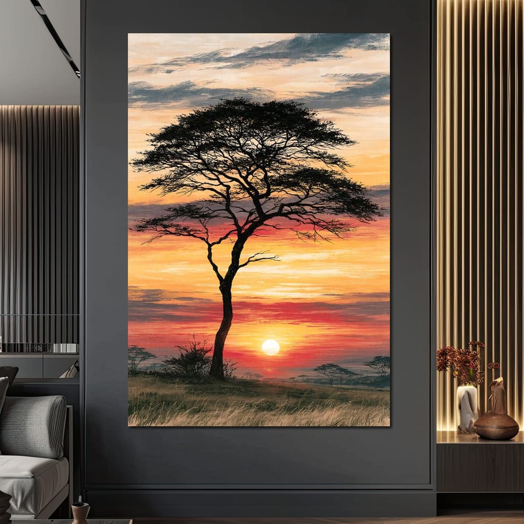 Savanna Sun Beyond The Solitary Branch Canvas Wall Art