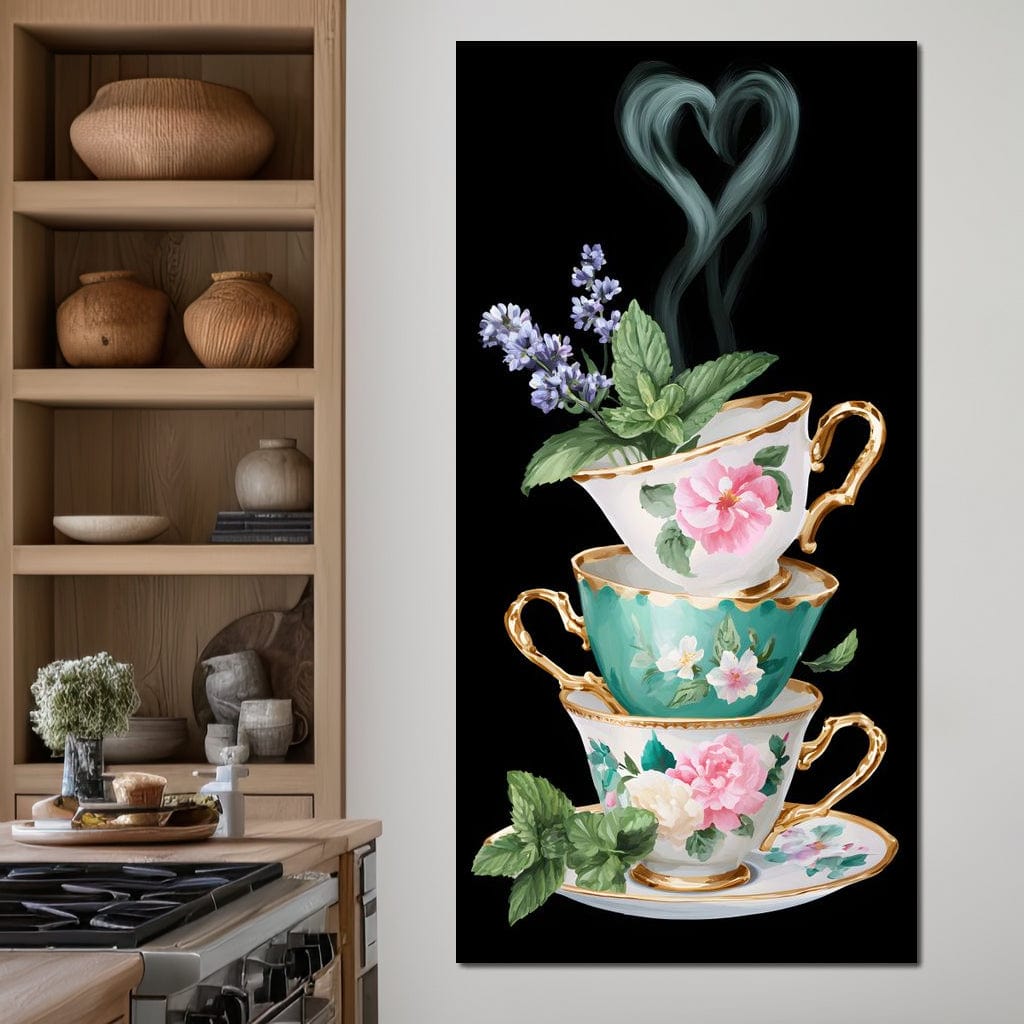 Golden Teacups Botanical Romance Canvas Wall Art