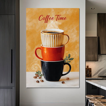 Coffee Time Stacked Mugs Canvas Wall Art