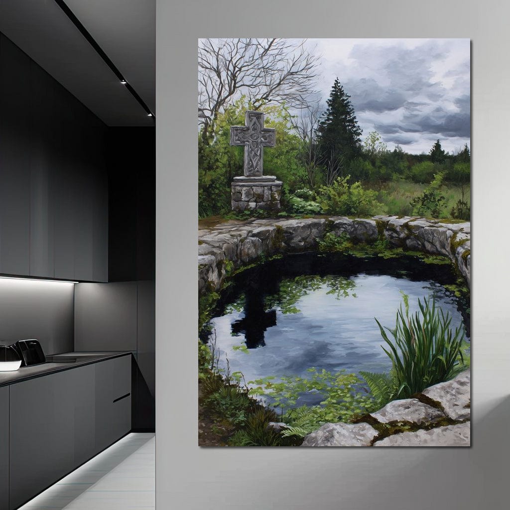 Celtic Cross Garden Pond Sky Canvas Wall Art