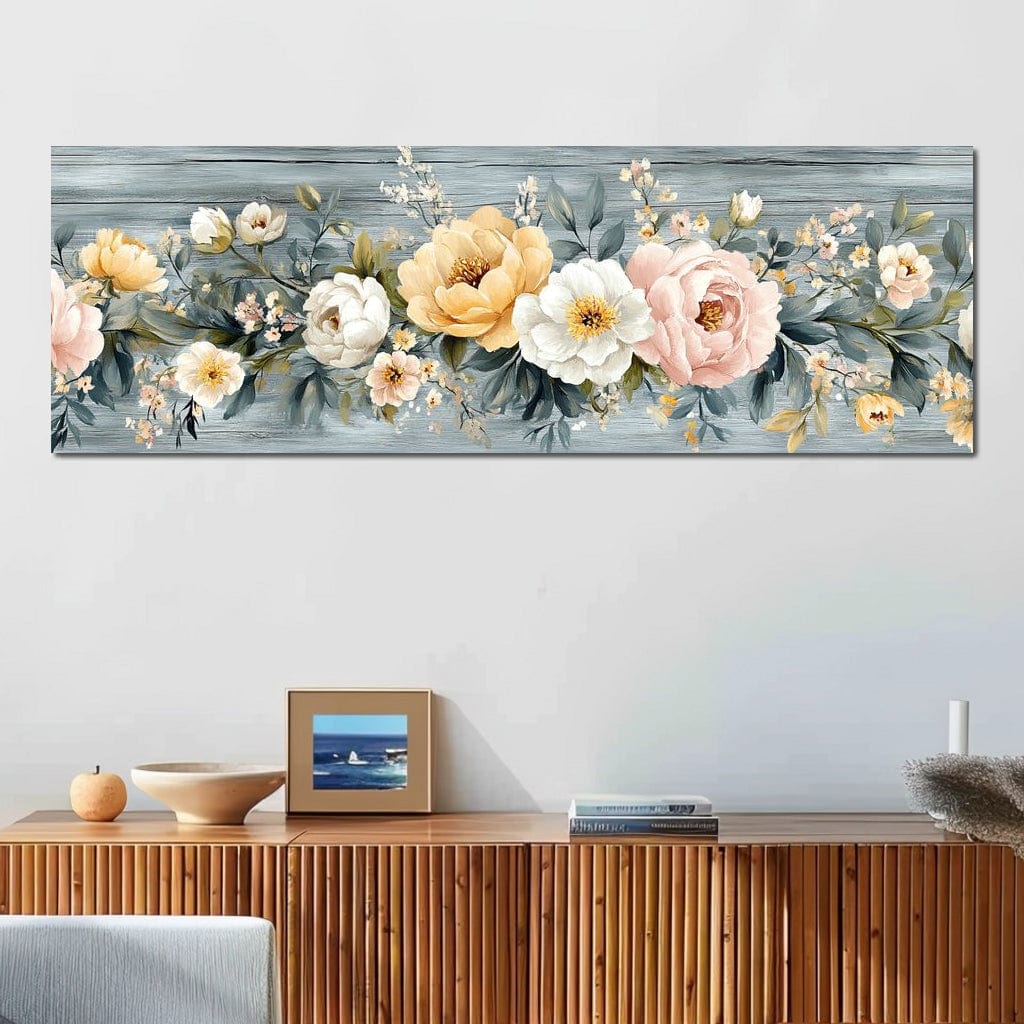 Floral Harmony on Weathered Wood Canvas Wall Art