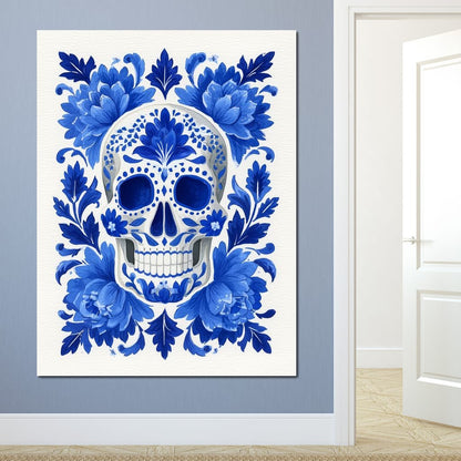 Blue Floral Sugar Skull Folkstyle Canvas Wall Art