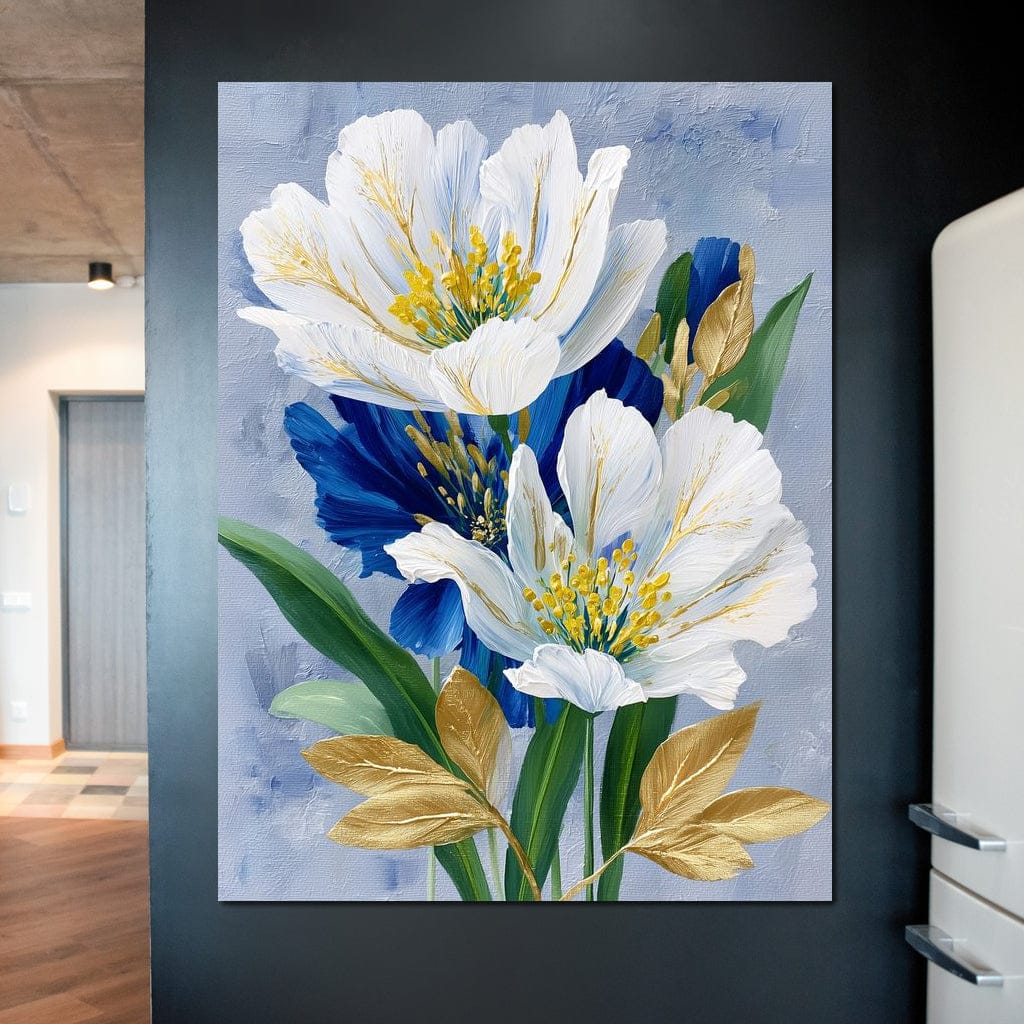 White Peony Blue Petals Gold Canvas Wall Art