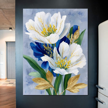 White Peony Blue Petals Gold Canvas Wall Art