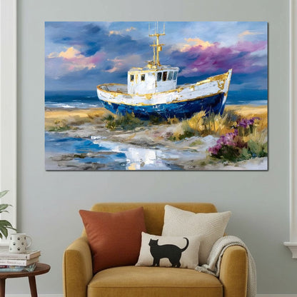 Coastal Boat Under Violet Sky Canvas Wall Art