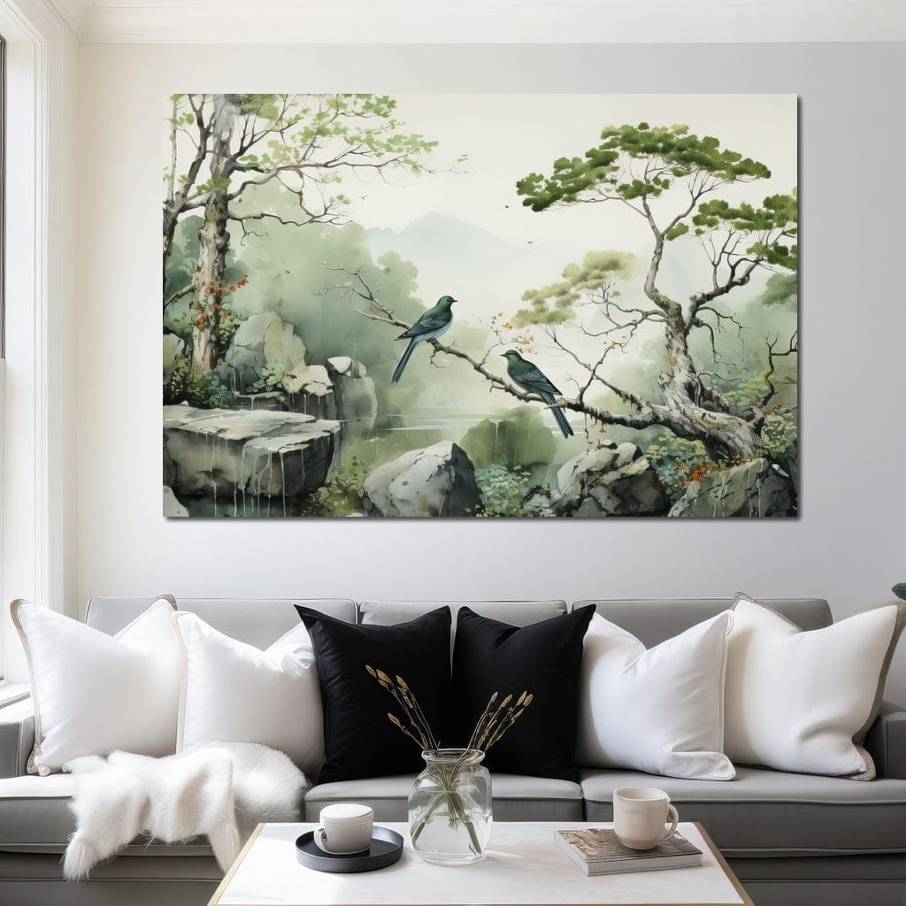 Misty Mountain Aviary Serene Canvas Wall Art